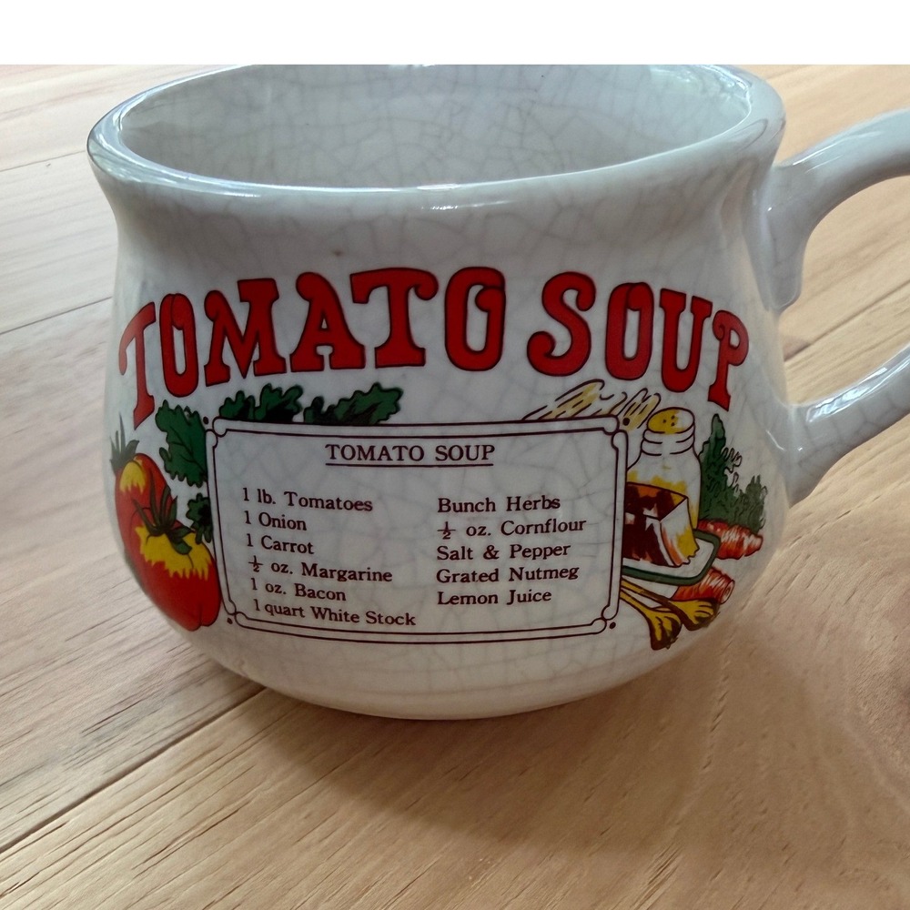 Vintage Tomato Soup Recipe Mug White Red Ceramic Retro Crackle Glaze